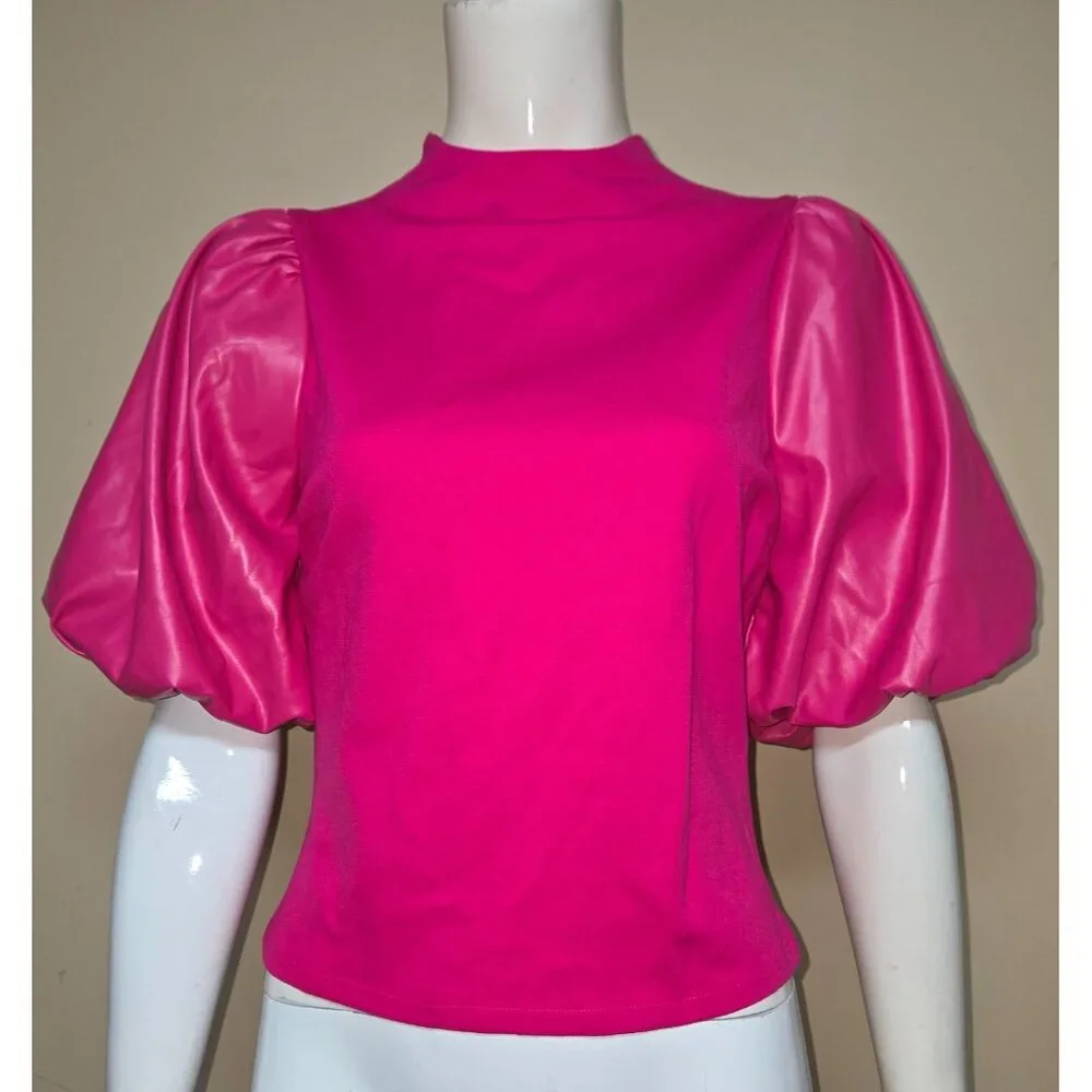 Anthropologie Sunday In Brooklyn Pink Faux Leather Puff Sleeve Top Size S NEW - Picture 2 of 5